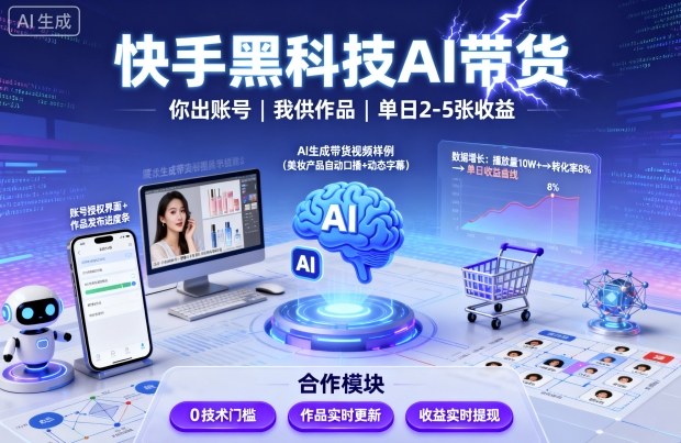 快手黑科技AI带货，你提供账号，我提供作品并发布，单日2-5张【揭秘】-乌龙学社