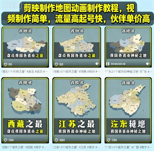 剪映制作地图动画制作教程，视频制作简单，流量高起号快，伙伴单价高-乌龙学社