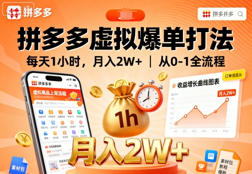 拼多多虚拟爆单打法，每天1小时，月入2W+，从0-1全流程-乌龙学社