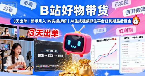 B站好物带货，3天出单，新手月入1W实操拆解，AI生成视频，抓住平台红利期最后机会-乌龙学社