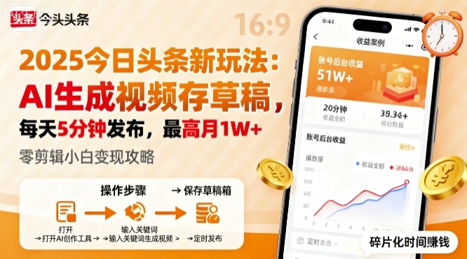 2025年今日头条躺賺新玩法，AI生成视频存草稿，每天5分钟发布，最高月1W+【揭秘】-乌龙学社