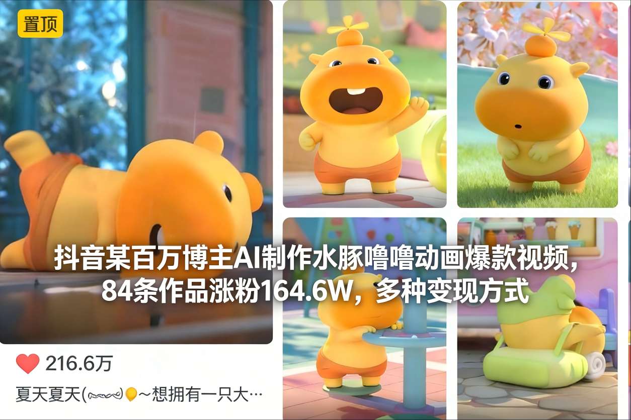 抖音某百万博主AI制作水豚噜噜动画爆款视频，84条作品涨粉164.6W，多种变现方式-乌龙学社