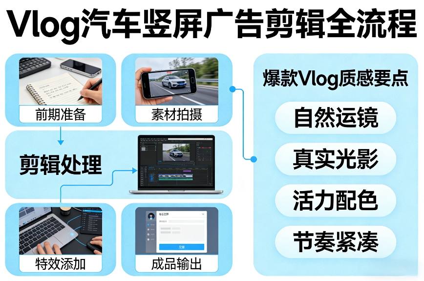 Vlog感觉汽车竖屏广告剪辑脚本全流程，拿捏爆款Vlog质感-乌龙学社