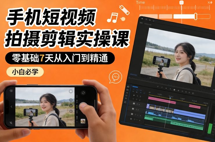 手机短视频拍摄剪辑实操课，零基础7天从入门到精通，小白必学-乌龙学社