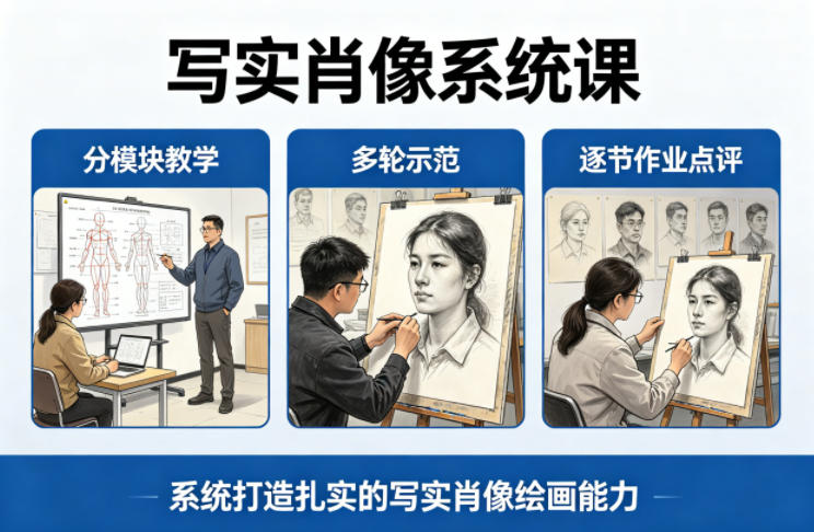 写实肖像系统课，全程分模块教学+多轮示范+逐节作业点评，系统打造扎实的写实肖像绘画能力-乌龙学社
