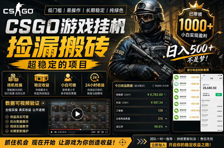 CSGO游戏搬砖，全自动挂G，不需要玩游戏，手机操作日入300+，解放双手【揭秘】-乌龙学社