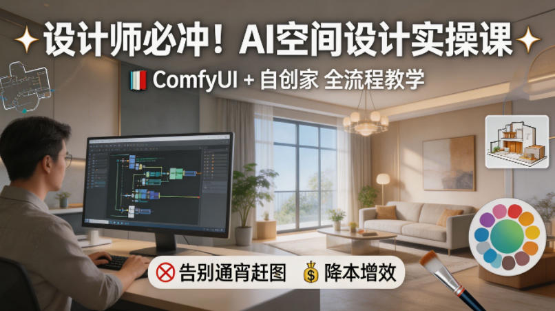 设计师必冲！AI空间设计实操课，ComfyUI+自创家全教学，告别通宵赶图，降本增效-乌龙学社