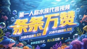 第一人称水族代言视频，条条万赞，20条作品涨粉7.8W，多种变现方式月入五位数-乌龙学社
