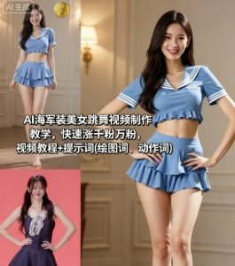 AI海军装美女跳舞视频制作教学,快速涨千粉万粉,视频教程+提示词(绘图词、动作词)-乌龙学社