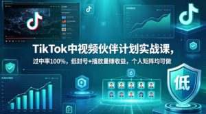 TikTok中视频伙伴计划实战课，过中率100%，低封号+播放量賺收益，个人矩阵均可做-乌龙学社
